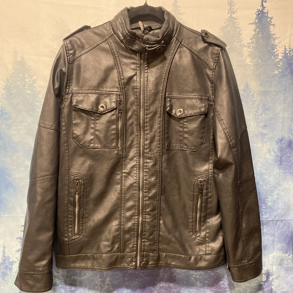 Nick Danger New York Mens Faux Leather Moto Cafe Racer Jacket Black Full Zip